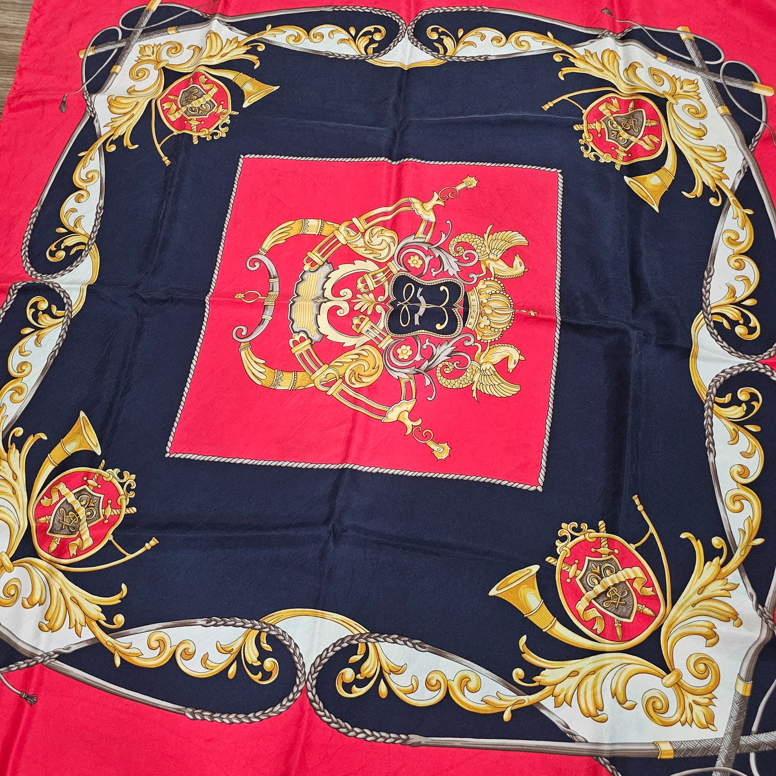 Vintage Silk Scarf Eqestrian Motif With CrownChains And Tassels Blue Red Vintage Silk Scarf Eqestrian Motif With CrownChains And Tassels Blue Red